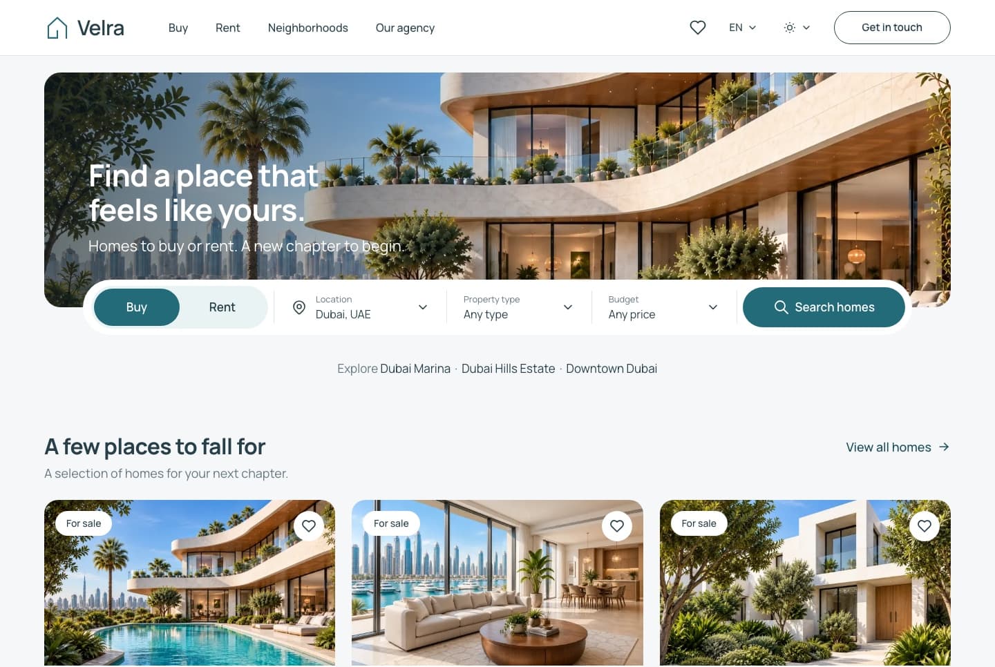 Website: hero search and featured homes